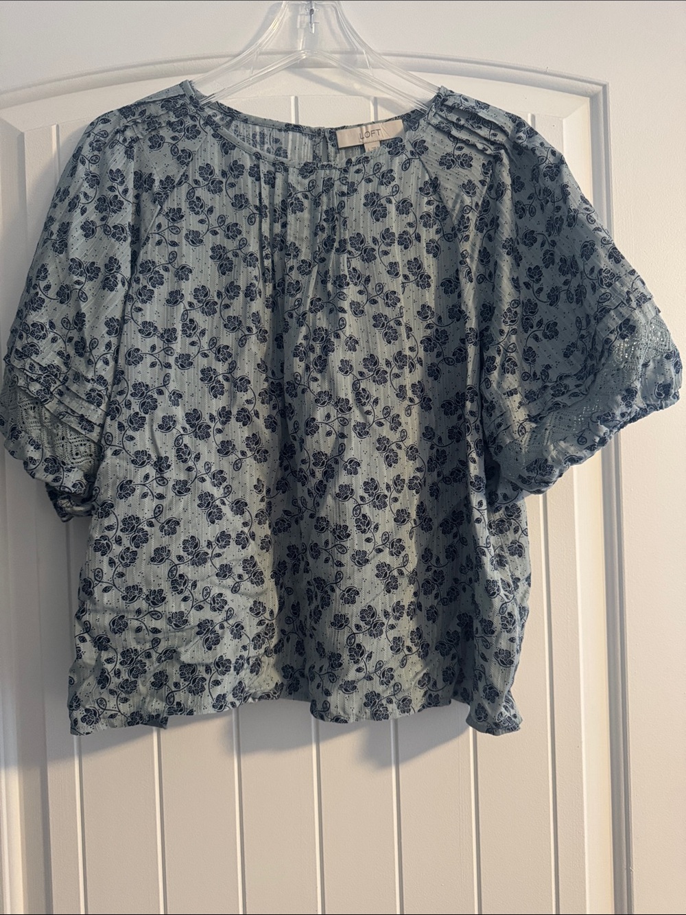 LOFT Light Blue Floral Pintuck Blouse